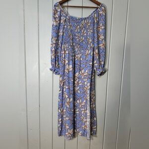 JESSICA SIMPSON Spenser Smocked Midi Floral Printed Dress Bel Air Blue‎ Size L